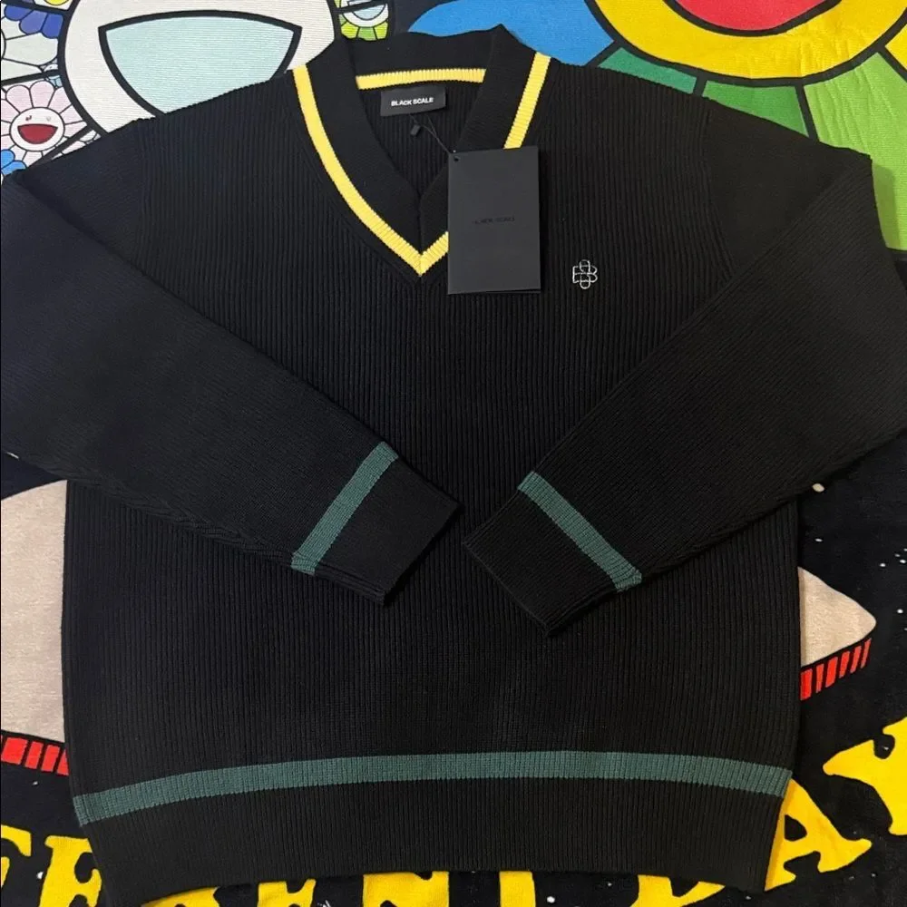 Black Scale Black V-Neck Sweater with Yellow Trim